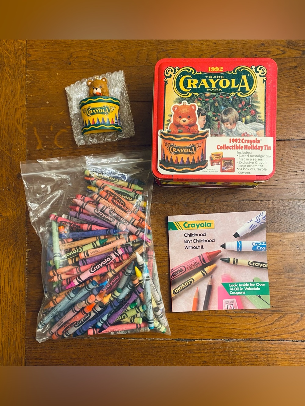 VTG 1992 Crayola Collectible Holiday Tin w Bear Ornament & Extras Lot Crayons